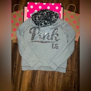 VS PINK SIZE MEDIUM HTF BLING LOGO SNOW LEOPARD FAUX FUR LINED FULL ZIP COAT.